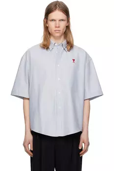 Хлопковая рубашка с коротким рукавом и прямым кроем Ami Paris, синий