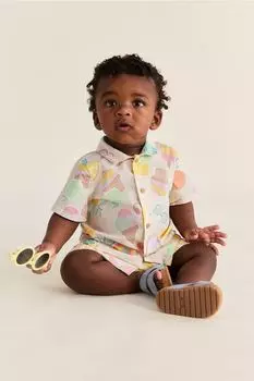 Хлопковая рубашка с короткими рукавами H&M, бежевый