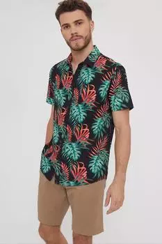 Хлопковая рубашка с короткими рукавами и тропическим принтом Knight Threadbare, черный