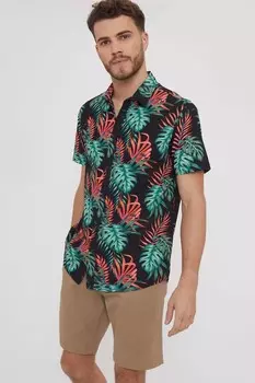 Хлопковая рубашка с короткими рукавами и тропическим принтом Threadbare, черный