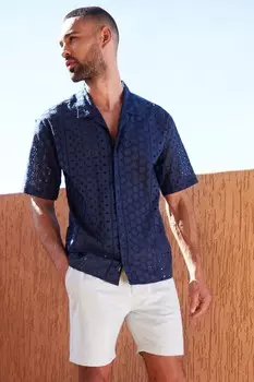 Хлопковая рубашка с короткими рукавами из английской вышивки с воротником-стойкой Threadbare, синий