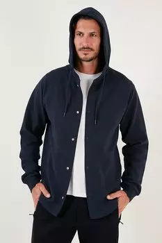 Хлопковая рубашка свободного кроя с капюшоном 5905468 Buratti, темно-синий