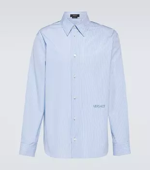 Хлопковая рубашка в тонкую полоску с вышивкой Versace, синий