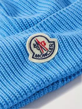 Хлопковая шапка-бини в рубчик с аппликацией логотипа MONCLER, светло-голубой