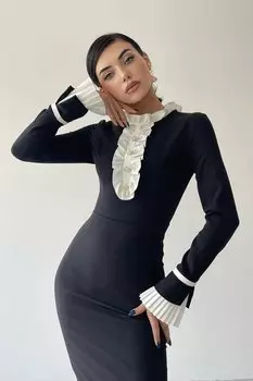 Хлопковая ткань атлас, воротник с пуговицами и складками, черное вечернее платье длины миди с длинными рукавами 169 lovebox, черный