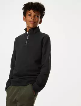 Хлопковая толстовка на молнии до половины (6–16 лет) Marks & Spencer, черный