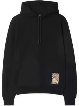Хлопковая толстовка с капюшоном Burberry с клетчатой этикеткой, черный