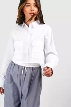 Хлопковая укороченная рубашка с двумя карманами boohoo, белый
