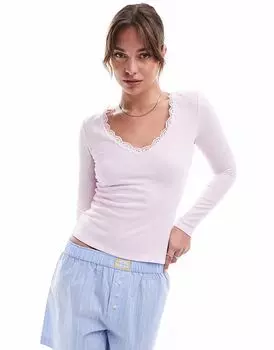 Хлопковая вафельная пижама с длинными рукавами и кружевной отделкой розового цвета Cotton:On