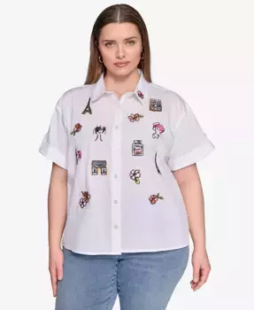Хлопковая вышитая рубашка-кемп Plus Size KARL LAGERFELD PARIS, белый
