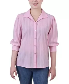 Хлопковая жаккардовая блуза petite с пышными рукавами 3/4 NY Collection, розовый