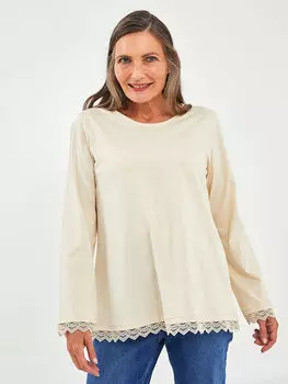 Хлопковая женская блузка с круглым вырезом и кружевом с длинными рукавами LCW Grace