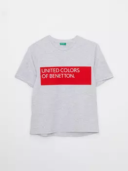 Хлопковая женская футболка с коротким рукавом с круглым вырезом и принтом BENETTON