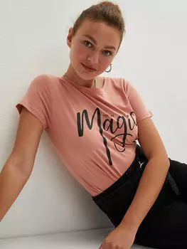 Хлопковая женская футболка с коротким рукавом с круглым вырезом и принтом LCW Casual, матовый розовый