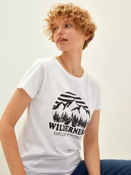 Хлопковая женская футболка с коротким рукавом с круглым вырезом и принтом LCW Casual, оптический белый