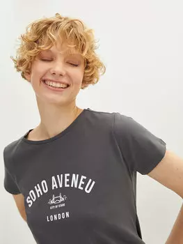 Хлопковая женская футболка с коротким рукавом с круглым вырезом и принтом LCW Casual, темно-серый