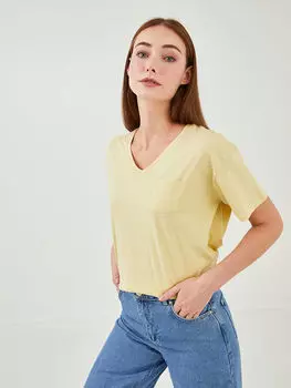 Хлопковая женская футболка с коротким рукавом с v-образным вырезом и прямым карманом LC Waikiki Basic