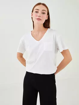 Хлопковая женская футболка с коротким рукавом с v-образным вырезом и прямым карманом LC Waikiki Basic