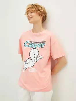 Хлопковая женская футболка с круглым вырезом и принтом Casper с коротким рукавом LCW Casual