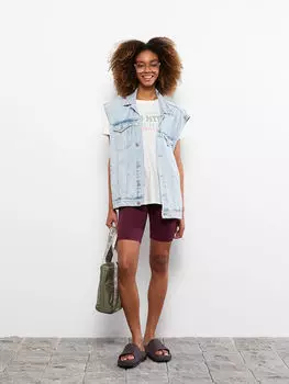 Хлопковая женская футболка с круглым вырезом и буквенным принтом с коротким рукавом LCW Casual