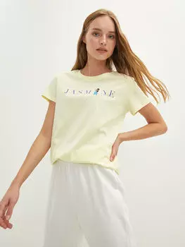 Хлопковая женская футболка с круглым вырезом и принтом жасмина с коротким рукавом LCW Casual