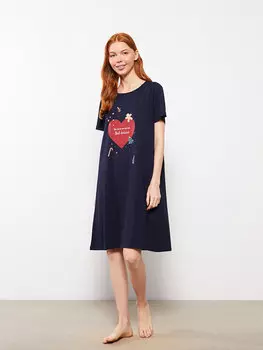 Хлопковая женская ночная рубашка с коротким рукавом и круглым вырезом с принтом LCW DREAM, темно-синий