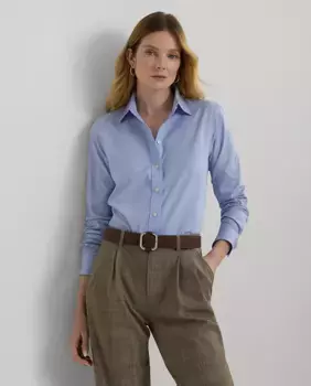 Хлопковая женская рубашка с длинным рукавом Lauren Ralph Lauren, светло-голубой
