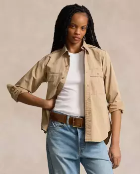 Хлопковая женская рубашка с длинным рукавом Polo Ralph Lauren, бежевый