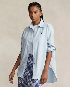 Хлопковая женская рубашка с длинным рукавом Polo Ralph Lauren, светло-синий