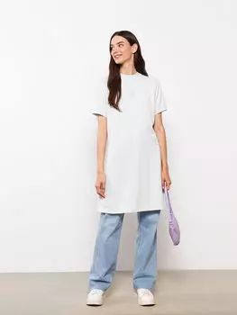 Хлопковая женская туника большого размера с высоким воротником и вышивкой и короткими рукавами LCW Modest