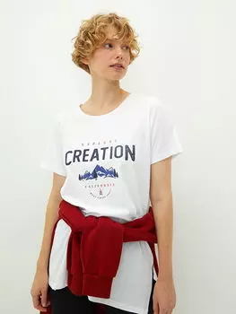 Хлопковая женская туника с круглым вырезом и короткими рукавами с принтом LCW Casual