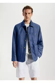 Хлопково-льняная куртка с карманами Mango, синий