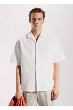 Хлопково-льняная рубашка с воротником для боулинга Mango, синий