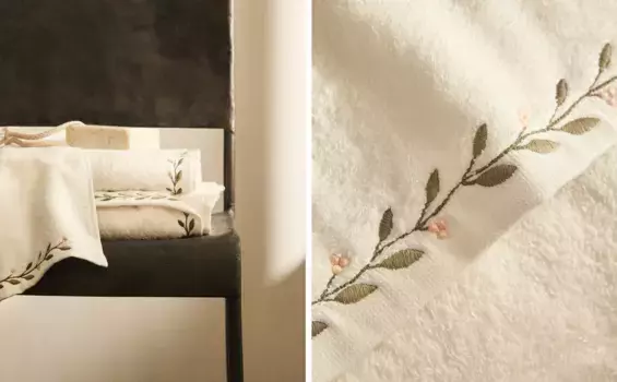 Хлопковое банное полотенце с цветочной вышивкой Zara Home, цвет Oyster White