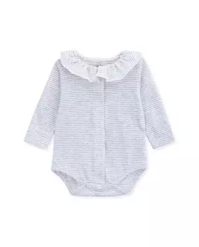 Хлопковое боди для девочки с полосками и рюшами на шее Knot, серый