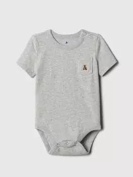 Хлопковое боди с вышивкой в виде плюшевого мишки и карманом Gap, цвет grey marl