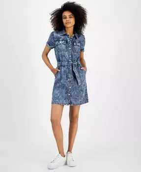 Хлопковое джинсовое платье-рубашка с кнопками спереди для подростков Celebrity Pink, синий