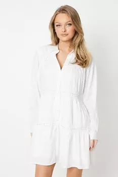 Хлопковое мини-платье-рубашка с отделкой и вставкой Oasis, белый