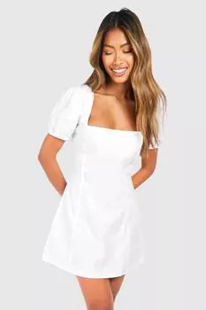 Хлопковое мини-платье с квадратным вырезом boohoo, белый