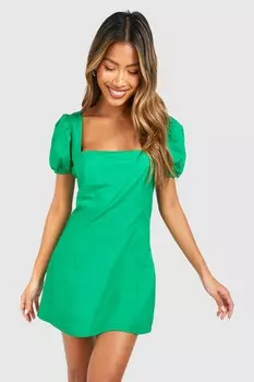 Хлопковое мини-платье с квадратным вырезом boohoo, зеленый