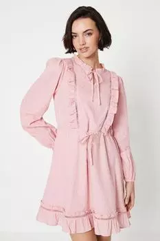 Хлопковое мини-платье с оборками и завязкой на талии Oasis, розовый