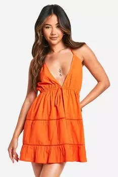 Хлопковое мини-платье с отделкой крючком boohoo, оранжевый
