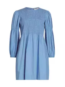 Хлопковое мини-платье с присборенными рукавами и пышными рукавами Ganni, цвет silver lake blue