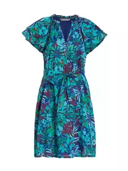 Хлопковое мини-платье Zandy с поясом Trina Turk, синий