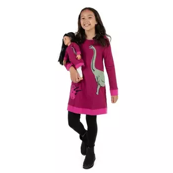 Хлопковое платье для девочек и подходящая кукла-динозавр Leveret