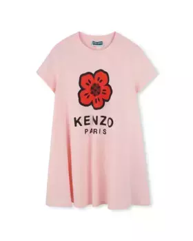 Хлопковое платье для девочки с иллюстрацией спереди Kenzo Kids, цвет Rosa