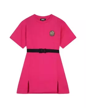 Хлопковое платье для девочки с контрастным поясом DKNY, розовый