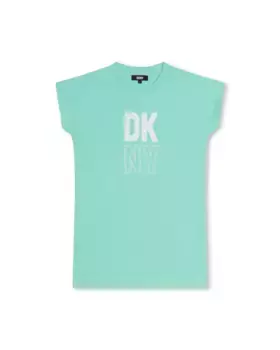 Хлопковое платье для девочки с логотипом спереди DKNY, цвет Verde Agua