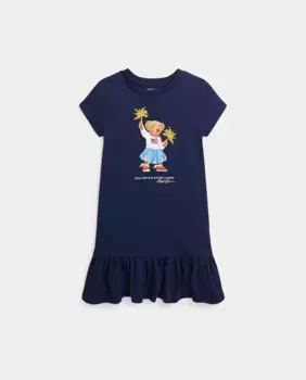 Хлопковое платье для девочки с мишкой-поло Polo Ralph Lauren, темно-синий