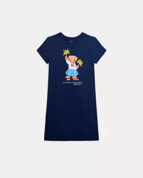 Хлопковое платье для девочки с мишкой-поло Polo Ralph Lauren, темно-синий